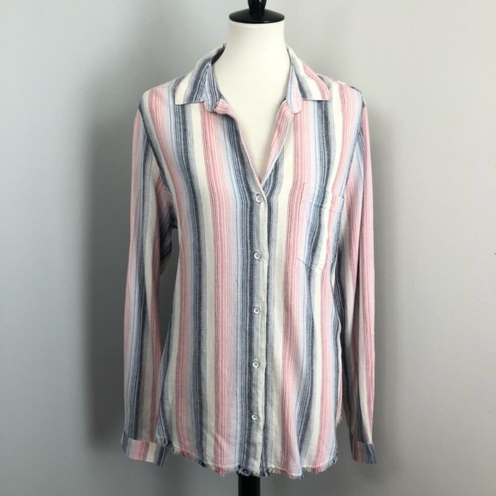 Anthropologie Cloth & Stone Fray Hem Striped Button Down Tunic Shirt Large